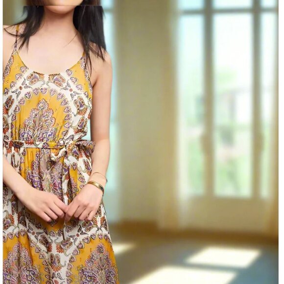 Anthropologie Maxi Halter Neck Dress Large Womens Yellow Gold Chiffon Belted - Picture 7 of 12